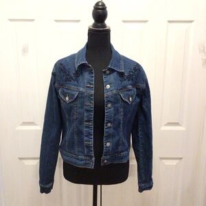 VTG Andre Sauvage Womens Dark Wash Embroidered Beaded Short Denim Jacket Size 10